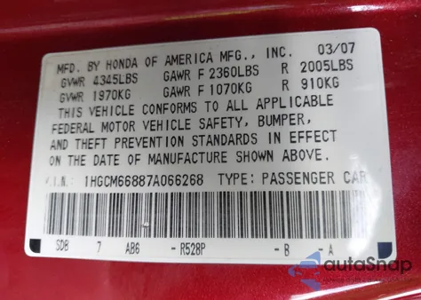 2007 Honda Accord 3.0 Ex from USA, damaged, VIN 1HGCM66887A066268